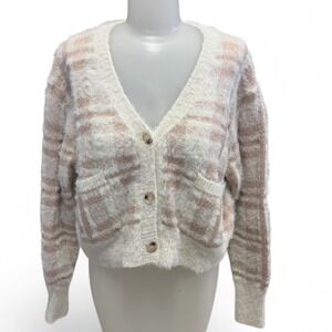 SHEIN Fluffy Plaid Cropped Cardigan Sweater‎ Women's Size M V-Neck Pockets